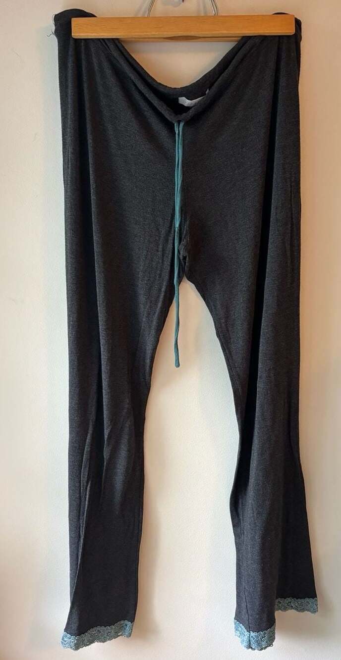 Fleur't Lingerie Charcoal Gray Lounge Pants with Blue Lace Trim and Drawstring S